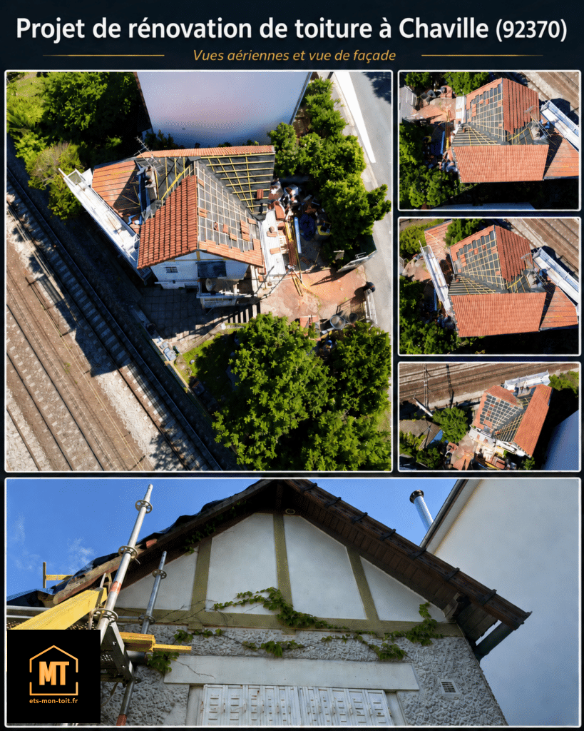 Projet de rénovation de toiture à Chaville avec vues aériennes du chantier et façade en cours de travaux