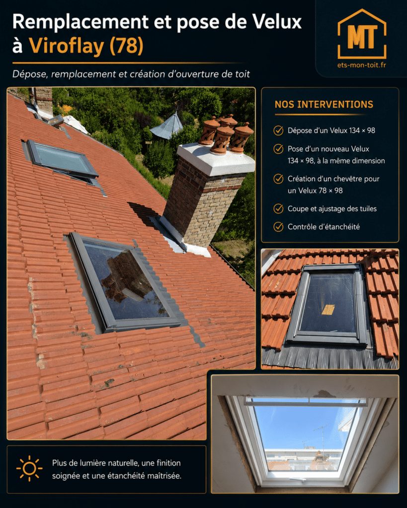 Visuel de chantier montrant le remplacement et la pose de fenêtres de toit Velux sur une toiture en tuiles à Viroflay, avec création d’un chevêtre, ajustage des tuiles et contrôle de l’étanchéité.