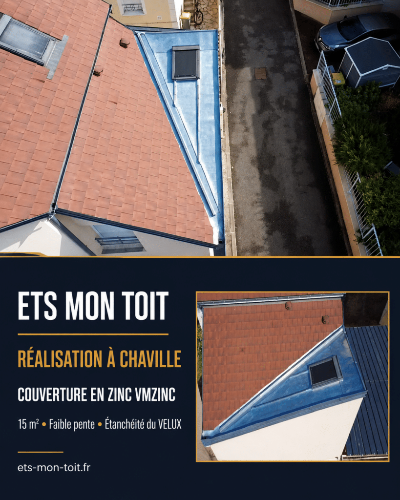 Vue aérienne de la couverture en zinc réalisée autour d’un VELUX à Chaville