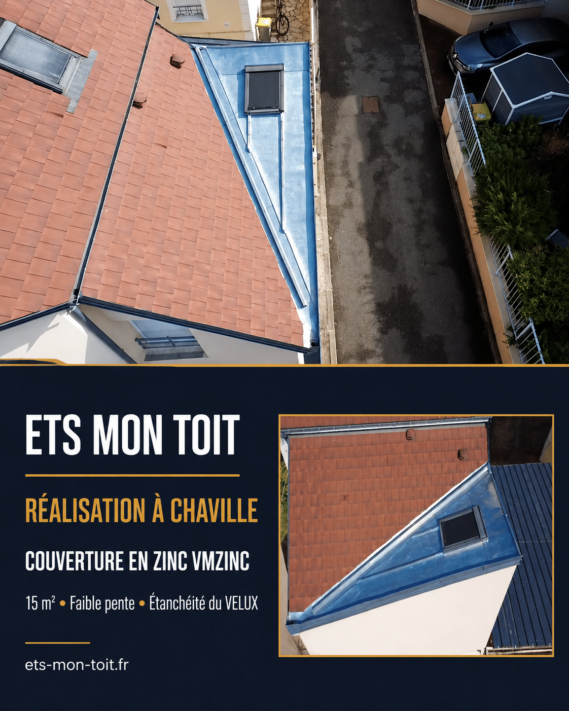 Vue aérienne de la couverture en zinc réalisée autour d’un VELUX à Chaville